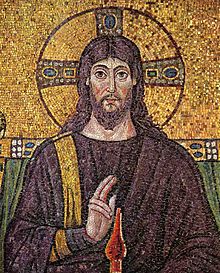 Christ pantocrator, mosaïque de la basilique Saint-Apollinaire-le-Neuf à Ravenne.